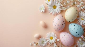 Easter pastel colored eggs with spring flowers on beige paper background, copy space, top view photo