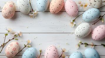 Easter pastel eggs with spring flowers on pastel wooden white background with copy space, top view photo