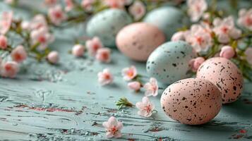 Close-up Easter pastel eggs with spring flowers on pastel wooden blue background with copy space, top view photo