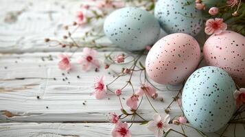 Easter pastel eggs with spring flowers on pastel wooden white background with copy space, top view photo