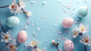 Easter pastel colored eggs with spring flowers on blue paper background, copy space, top view photo