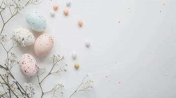 Easter pastel colored eggs with spring flowers on white background, copy space, top view photo