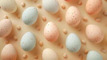 Happy Easter holiday background with colorful pastel eggs on beige paper, top view, copy space photo