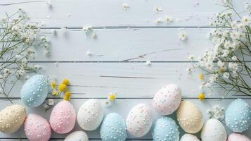 Easter pastel eggs with spring flowers on pastel wooden blue background with copy space, top view photo
