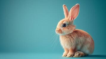 Easter bunny with pink ears in studio on blue background with copy space photo