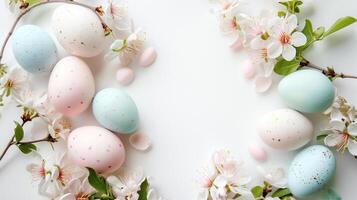 Easter pastel colored eggs with spring flowers on white background, copy space, top view photo