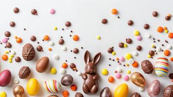 Easter composition - chocolate bunny, colored eggs and candies on white paper background, top view photo
