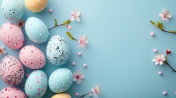 Easter pastel colored eggs with spring flowers on blue paper background, copy space, top view photo