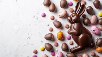 Easter chocolate bunny and colorful bright eggs on stone gray background, top view, copy space photo