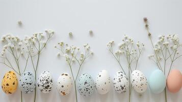 Easter pastel colored eggs with spring flowers on white background, copy space, top view photo