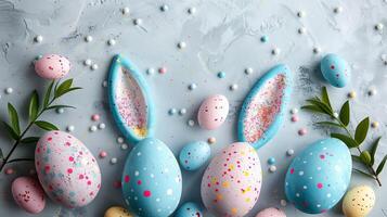 Easter flat lay composition. Bunny ears and Easter eggs on a blue background top view photo