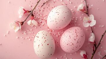 Easter pastel colored eggs with spring flowers on pink paper background, copy space, top view photo