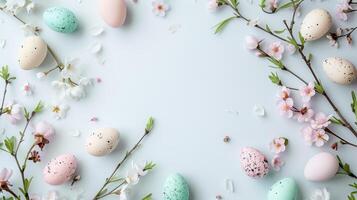 Easter pastel colored eggs with spring flowers on white background, copy space, top view photo