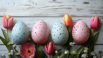 Easter pastel eggs with spring flowers tulips on pastel wooden white background with copy space, top view photo