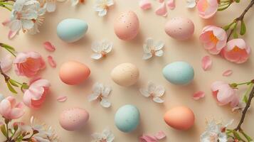 Easter pastel colored eggs with spring flowers on beige paper background, copy space, top view photo