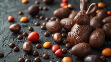 Easter chocolate bunny and colorful bright eggs on stone gray background, top view, copy space photo