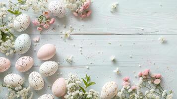 Easter pastel eggs with spring flowers on pastel wooden blue background with copy space, top view photo