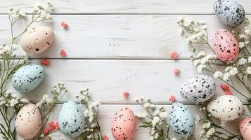 Easter pastel eggs with spring flowers on pastel wooden white background with copy space, top view photo