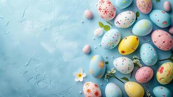 Easter pastel colored eggs with spring flowers on blue paper background, copy space, top view photo