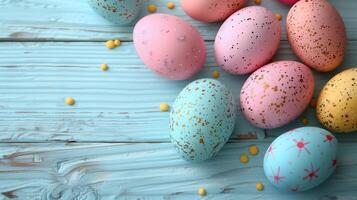 Close-up Easter pastel eggs with spring flowers on pastel wooden blue background with copy space, top view photo