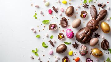 Easter composition - chocolate bunny, colored eggs and candies on blue paper background, top view photo