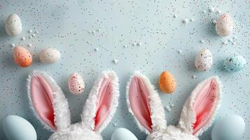 Easter flat lay composition. Bunny ears and Easter eggs on a blue background top view photo