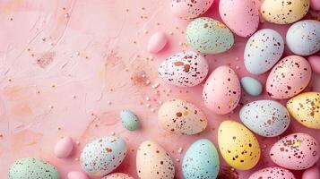 Copy space Happy Easter holiday background with colorful pastel eggs on pink stone, top view photo