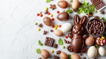 Easter chocolate bunny and colorful bright eggs on stone gray background, top view, copy space photo