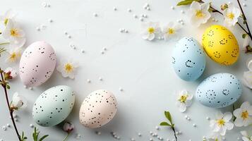 Easter pastel colored eggs with spring flowers on white background, copy space, top view photo