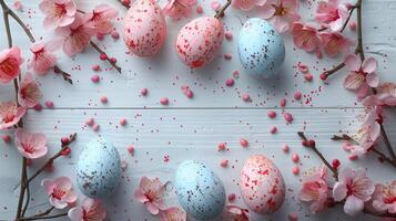 Easter pastel eggs with spring flowers on pastel wooden blue background with copy space, top view photo