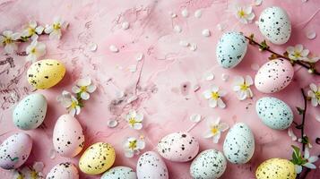 Easter pastel colored eggs with spring flowers on pink paper background, copy space, top view photo