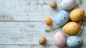 Easter photo of pastel eggs with cherry blossom in Provence style, copy space, top view