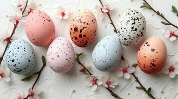 Easter pastel eggs with spring flowers on pastel wooden white background with copy space, top view photo