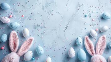 Easter flat lay composition. Bunny ears and Easter eggs on a blue background top view photo