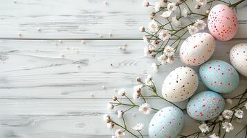 Easter pastel eggs with spring flowers on pastel wooden white background with copy space, top view photo