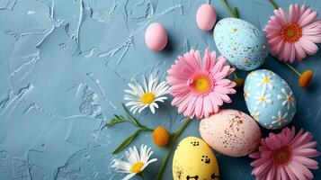 Easter pastel colored eggs with spring flowers on blue paper background, copy space, top view photo
