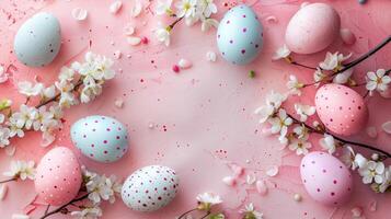 Easter pastel colored eggs with spring flowers on pink paper background, copy space, top view photo