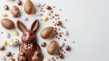 Easter composition - chocolate bunny, colored eggs and candies on white paper background, top view photo