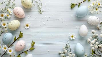 Easter pastel eggs with spring flowers on pastel wooden blue background with copy space, top view photo