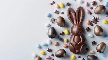 Easter composition - chocolate bunny, colored eggs and candies on white paper background, top view photo