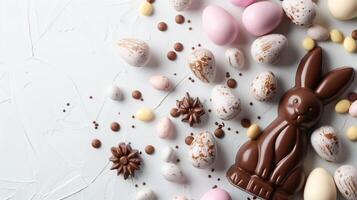 Easter chocolate bunny and colorful bright eggs on stone gray background, top view, copy space photo