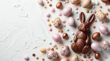 Easter chocolate bunny and colorful bright eggs on stone gray background, top view, copy space photo