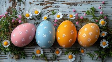 Close-up Easter pastel eggs with spring flowers on pastel wooden blue background with copy space, top view photo