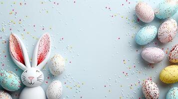 Easter flat lay composition. Bunny ears and Easter eggs on a blue background top view photo