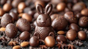 Easter chocolate bunny and eggs with spices on stone background, top view, copy space photo