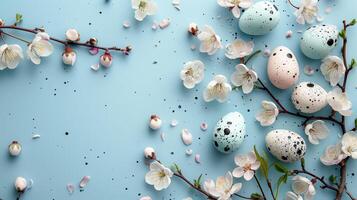 Easter pastel colored eggs with spring flowers on blue paper background, copy space, top view photo