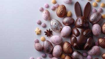 Easter composition - chocolate bunny, colored eggs and candies on white paper background, top view photo