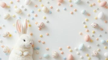 Cute easter bunny lying among eggs and confetti candies on white background, copy space, top view photo