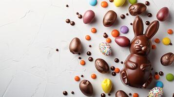 Easter chocolate bunny and colorful bright eggs on stone gray background, top view, copy space photo