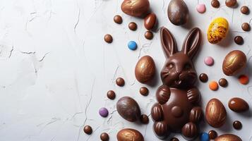 Easter chocolate bunny and colorful bright eggs on stone gray background, top view, copy space photo